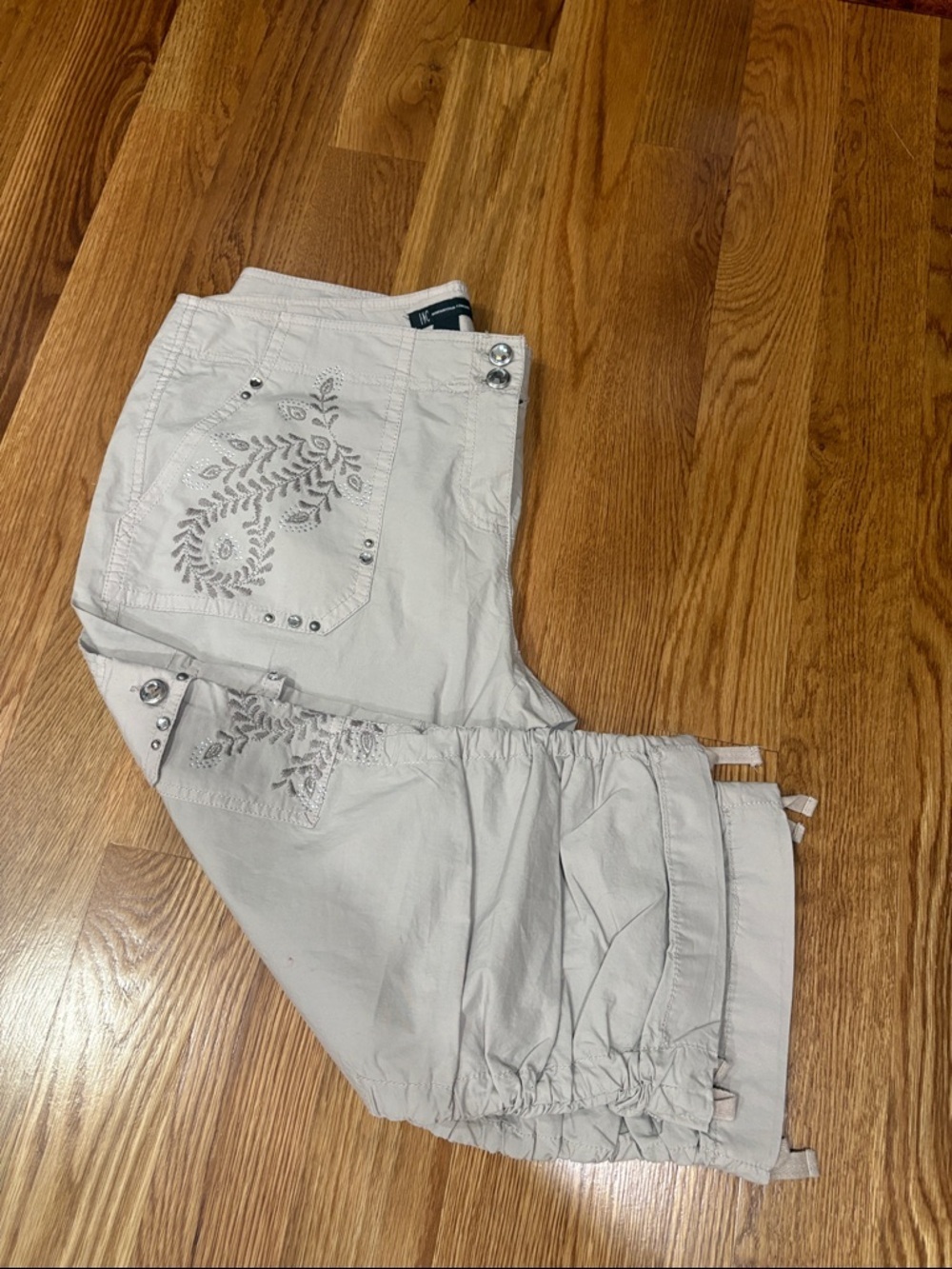 INC International Concepts Beige Embellished Cargo Capris cinched leg cotton 16